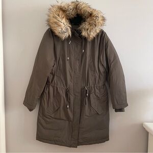 Topshop Olive Green Parka Mid Length Coat with Faux Fur Detachable Hood Size 6